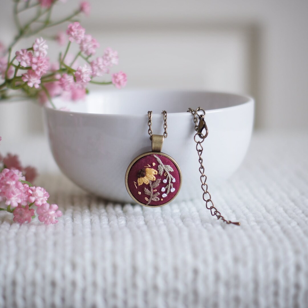 Sunflower Embroidered Necklace, Red Fabric Pendant, Handmade Gift For Her MakerPlace by Michaels